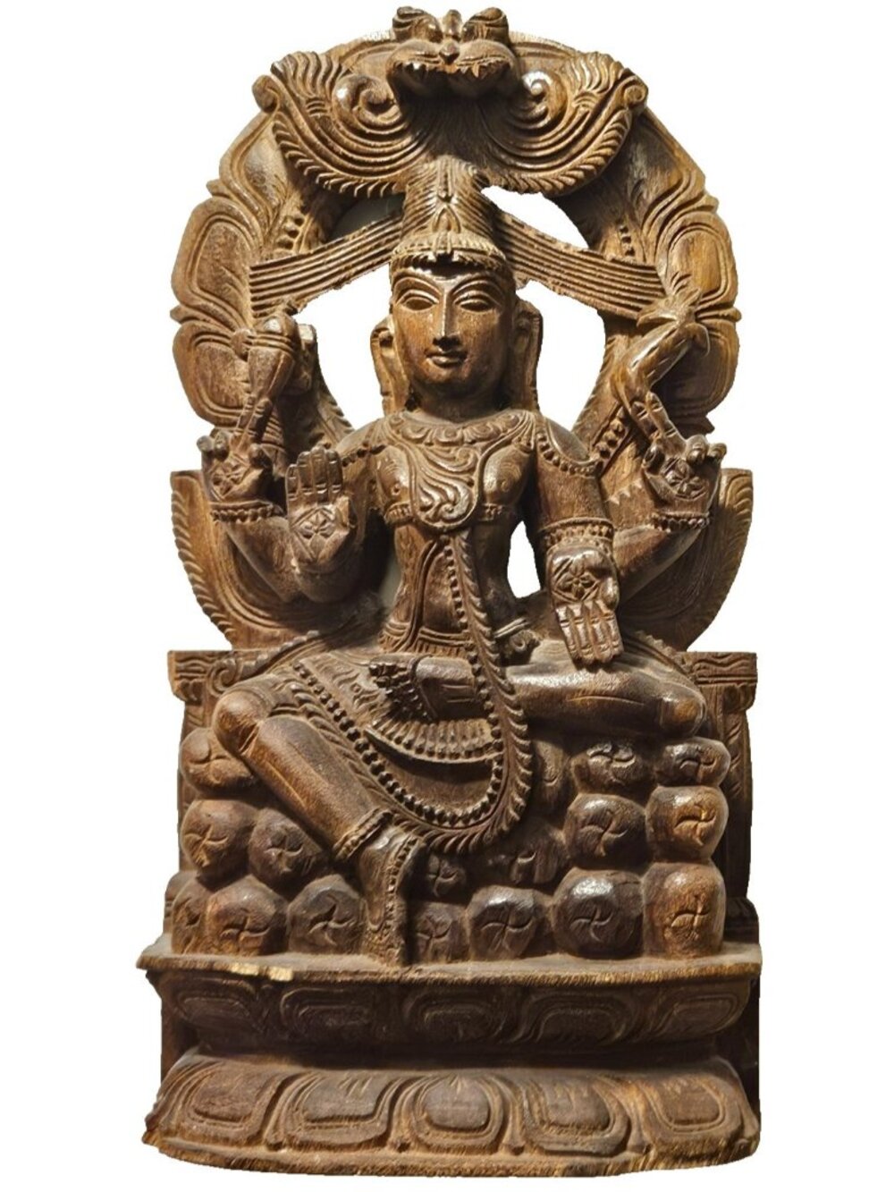 18" Goddess Lakshmi Wooden Statue Divine Sculptures of Hindu Deities Temple Art